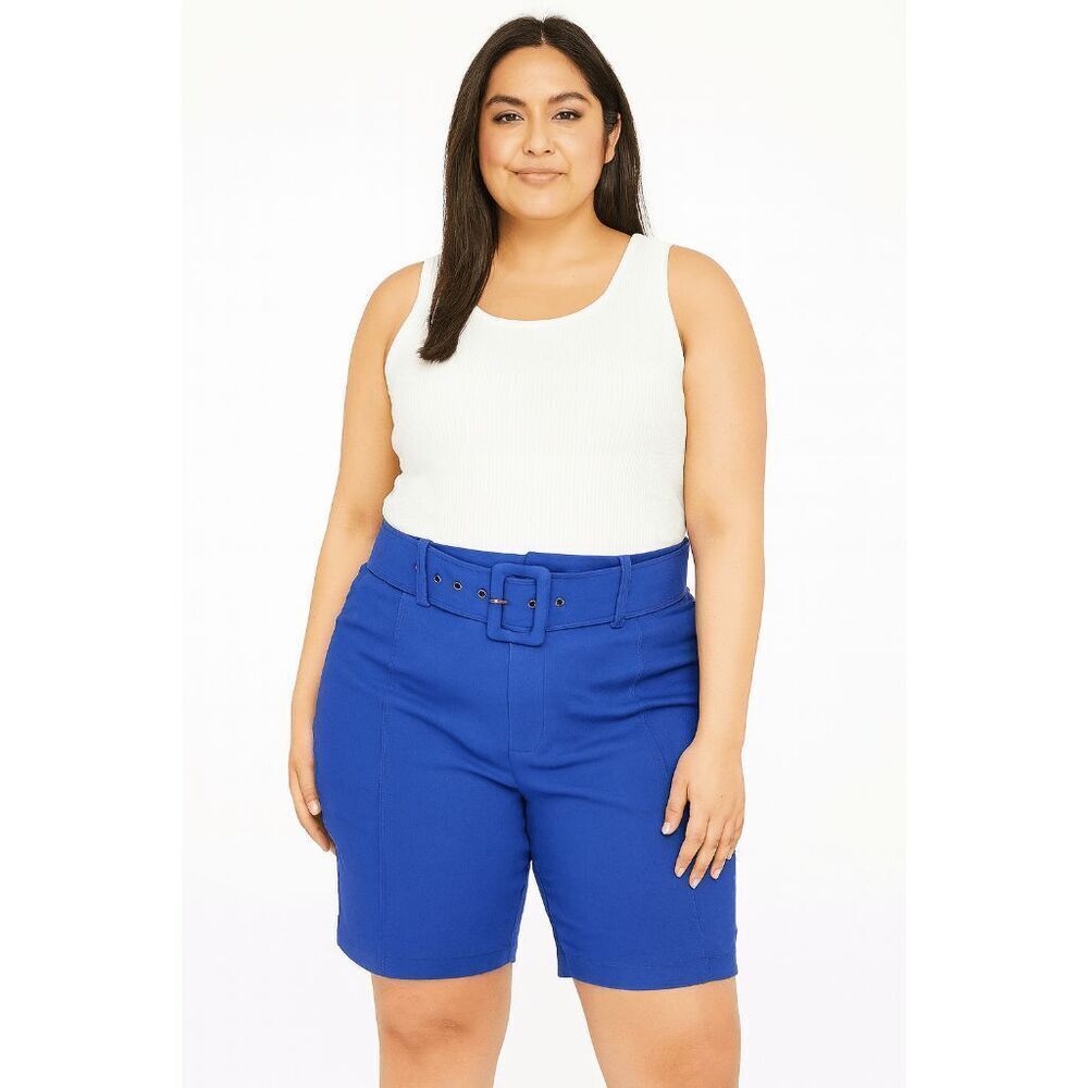 Unique Vintage Women’s Plus Size Royal Blue High-Waisted Bermuda Shorts with Bel